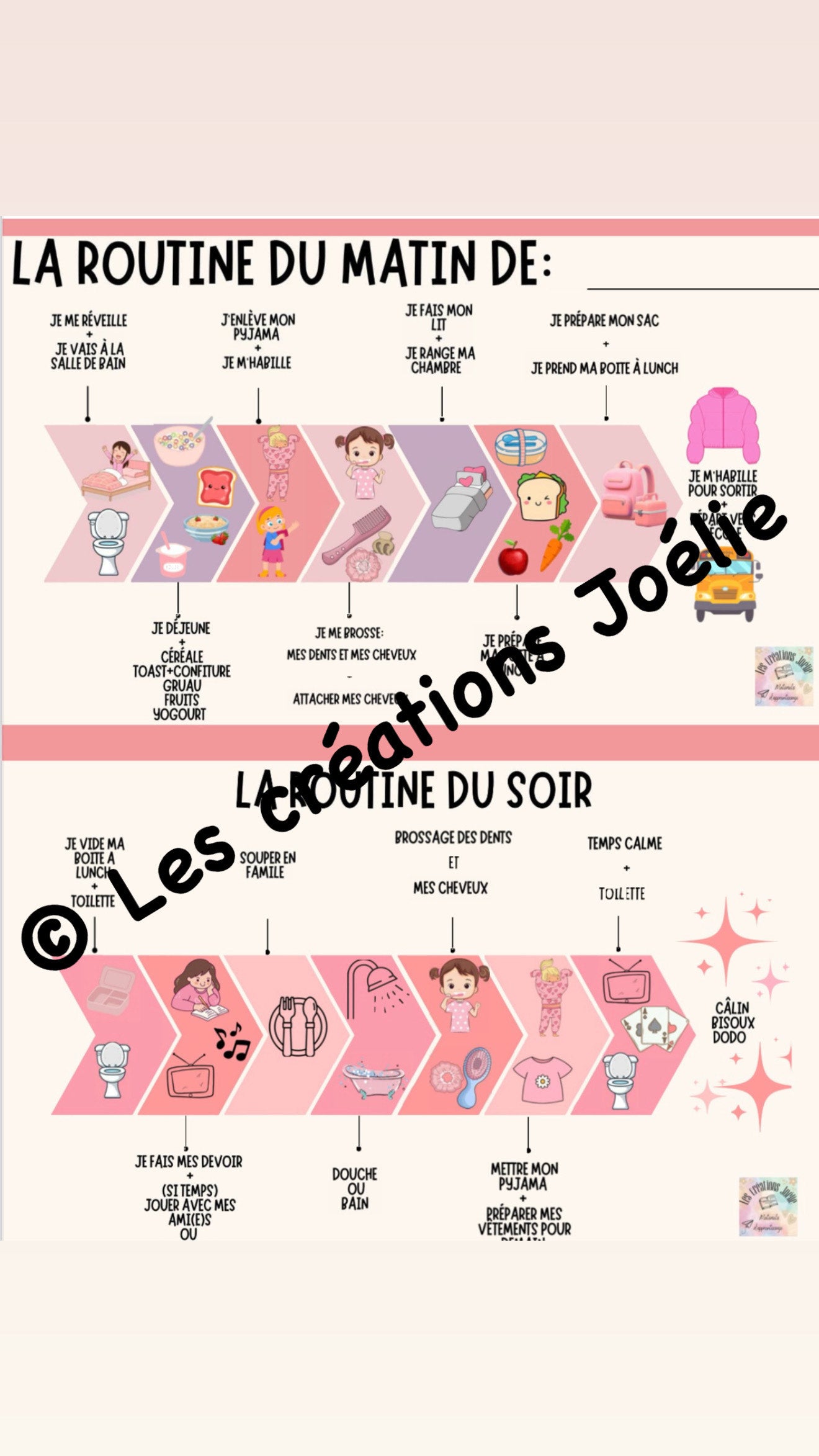 Tableau de routine fille 5-10 ans départ et retour école